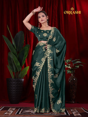 MORPANKH EMBROIDERIED WORK JAPAN SATIN SILK - DARK GREEN COLOUR