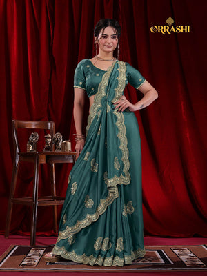 RAJAPURI EMBROIDERIED WORK JAPAN SATIN SILK - DARK GREEN