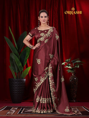 MORPANKH EMBROIDERIED WORK JAPAN SATIN SILK - DARK MAROON COLOUR