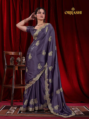 RAJAPURI EMBROIDERIED WORK JAPAN SATIN SILK - DARK PURPLE