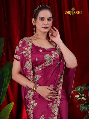 MORPANKH EMBROIDERIED WORK JAPAN SATIN SILK - DARK RANI COLOUR