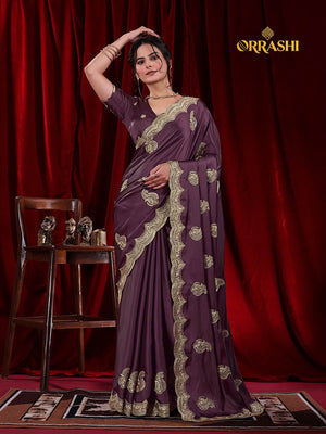 RAJAPURI EMBROIDERIED WORK JAPAN SATIN SILK - DARK WINE COLOUR