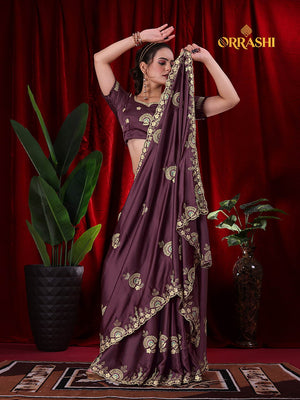 MORPANKH EMBROIDERIED WORK JAPAN SATIN SILK - DARK WINE COLOUR