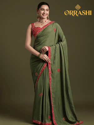 PRINTED SAREE WITH EMBROIDERED LACE BORDER - GREEN COLOUR
