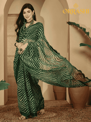 STRIPE PRINTED SAREE WITH STYLISH LACE BORDER - GREEN COLOUR