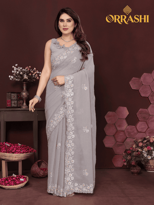 EMBROIDERED WORK SAREE WITH FANCY LACE BORDER - GREY COLOUR