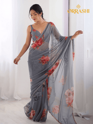 BEAUTIFUL FLORAL PRINTED SAREE WITH MOTI LACE BORDER - GREY COLOUR