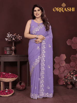 EMBROIDERED WORK SAREE WITH FANCY LACE BORDER - LAVENDER