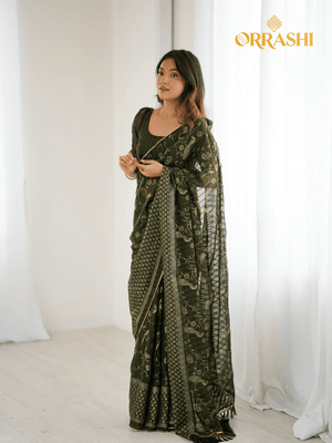 EXCELLENT FOIL WORK SAREE WITH FANCY ZALAR LACE BORDER - MAHENDI COLOUR