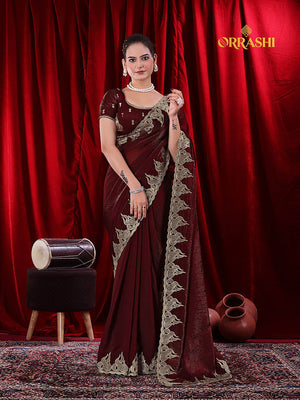 FIRE EMBROIDERIED WORK FENDY SATIN SILK - MAROON COLOUR