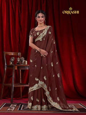 KESAR EMBROIDERIED WITH JARKAN WORK FENDY SATIN SILK - MAROON COLOUR