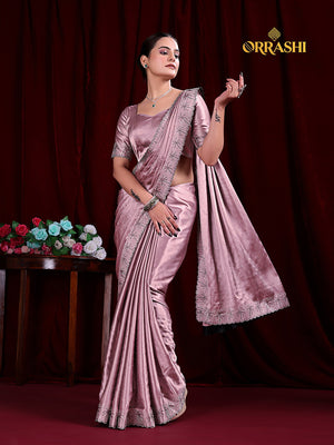 COCONUT SIROSKI WORK SATIN SILK SAREE - ONION COLOUR