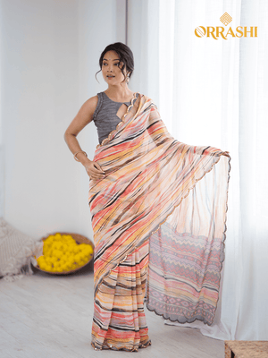 STRIPE PRINTED SAREE WITH MIND BLOWING MIRROR LACE BORDER - ORANGE COLOUR