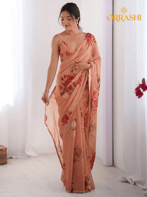 BEAUTIFUL FLORAL PRINTED SAREE WITH MOTI LACE BORDER - PEACH COLOUR