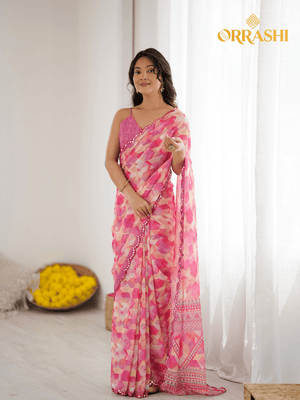STRIPE PRINTED SAREE WITH MIND BLOWING MIRROR LACE BORDER - PINK COLOUR