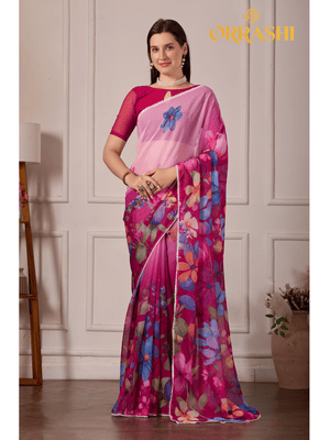 STYLISH BOLLYWOOD PRINTED FLORAL SAREE WITH LACE BORDER - PINK COLOUR
