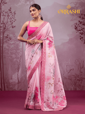 CLASSICAL FLORAL PRINTED SAREE WITH EXTRAORDINARY LACE BORDER - PINK COLOUR