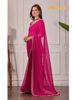 BANDHANI TYPE PRINTED SAREE WITH EMBROIDERED LACE BORDER - PINK COLOUR