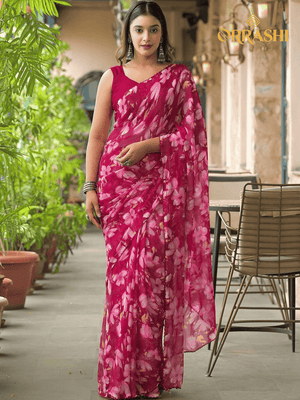 GORGEOUS FLORAL PRINTED SAREE WITH TINY LACE BORDER - PINK COLOUR