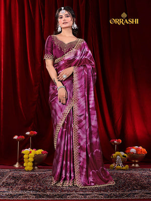 ZIC ZAC JARKAN WORK SIBORI PRINTED SATIN SILK SAREE - PINK COLOUR