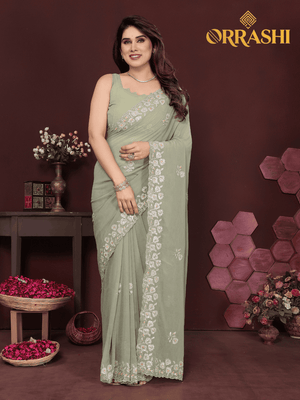 EMBROIDERED WORK SAREE WITH FANCY LACE BORDER - PISTA COLOUR