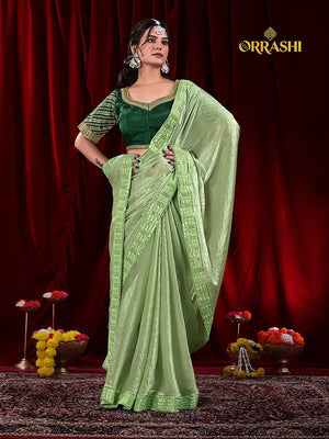 EMBROIDERIED LACE BORDER FENDY SATIN SILK - PISTA COLOUR