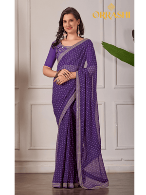BANDHANI TYPE PRINTED SAREE WITH EMBROIDERED LACE BORDER - PURPLE COLOUR