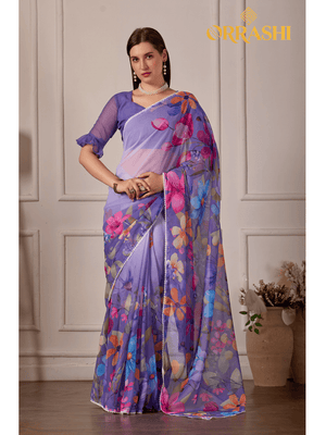 STYLISH BOLLYWOOD PRINTED FLORAL SAREE WITH LACE BORDER - PURPLE COLOUR