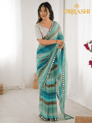 PRINTED SAREE WITH STYLISH MIRROR LACE BORDER - RAMA COLOUR
