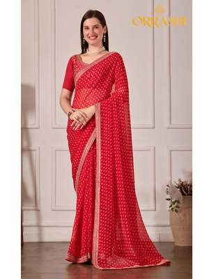 BANDHANI TYPE PRINTED SAREE WITH EMBROIDERED LACE BORDER - RED COLOUR