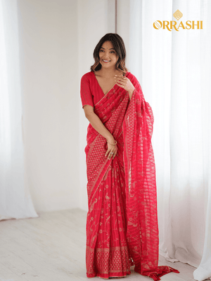 EXCELLENT FOIL WORK SAREE WITH FANCY ZALAR LACE BORDER - RED COLOUR