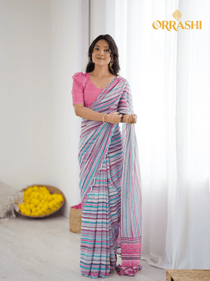 STRIPE PRINTED SAREE WITH MIND BLOWING MIRROR LACE BORDER - SKYBLUE COLOUR
