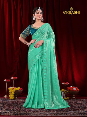 EMBROIDERIED LACE BORDER FENDY SATIN SILK - SKY COLOUR