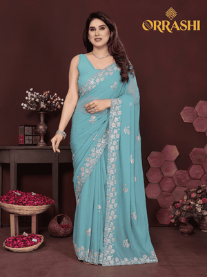 EMBROIDERED WORK SAREE WITH FANCY LACE BORDER - TURQUOISE COLOUR