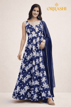 FLORAL DIGITAL PRINT ANARKALI GOWN - NAVY BLUE