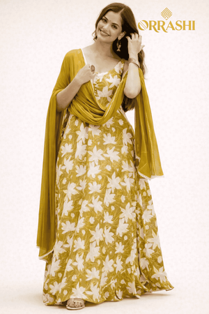 FLORAL DIGITAL PRINT ANARKALI GOWN - MUSTARD