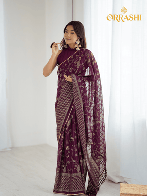 EXCELLENT FOIL WORK SAREE WITH FANCY ZALAR LACE BORDER - WINE COLOUR