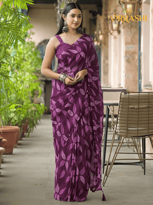 BEAUTIFUL LEAF PRINTED SAREE - WINE COLOUR