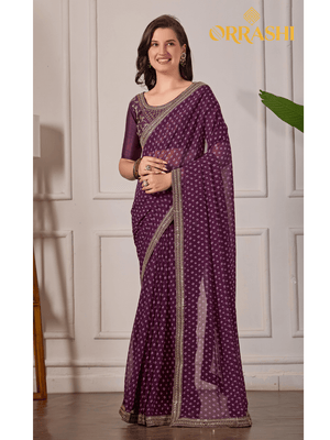 BANDHANI TYPE PRINTED SAREE WITH EMBROIDERED LACE BORDER - WINE COLOUR