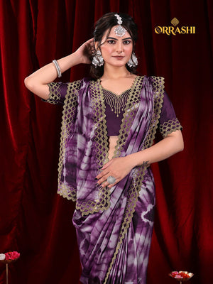 ZIC ZAC JARKAN WORK SIBORI PRINTED SATIN SILK SAREE - WINE COLOUR