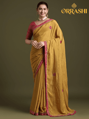 PRINTED SAREE WITH EMBROIDERED LACE BORDER - YELLOW COLOUR