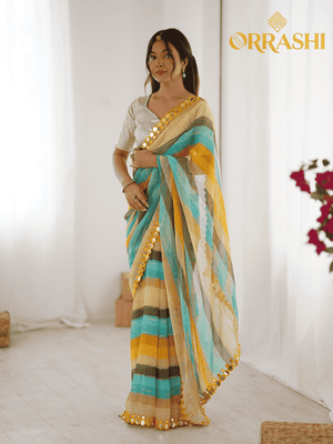 PRINTED SAREE WITH STYLISH MIRROR LACE BORDER - YELLOW COLOUR